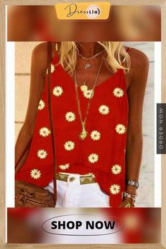 Women Ladies Fashion Summer Daisy Print Sleeveless Casual Shirts & Tank Tops Plus Size Printed V-neck Camisole For Summer, Trendy Red Tank Top For Summer, Printed Sleeveless Casual Tank Top, Casual Printed Sleeveless Tank Top, Red Casual Tank Top For Summer, Trendy V-neck Summer Vest, Sleeveless Printed Beach Top, Printed Sleeveless Beach Tops, Sleeveless Printed Tops For Beach