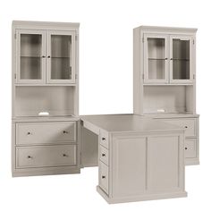 a white desk and hutch with drawers on each side is shown in front of a white background