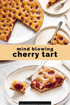 a slice of cherry pie on a plate with a fork