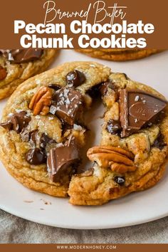 pecan chocolate chunk cookies on a white plate