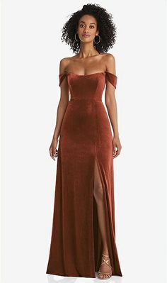 Off-the-shoulder Flounce Sleeve Velvet Maxi Bridesmaid Dress In Auburn Moon | The Dessy Group Orange Bridesmaid, Fall Bridesmaid Dresses, Velvet Bridesmaid Dresses, Velvet Gown, Velvet Maxi Dress, Velvet Maxi, Maxi Bridesmaid Dresses, Bridesmaid Dress Colors, Infinity Dress