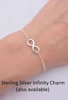 15% OFF ENTIRE ORDER - SALE ENDS TONIGHT LISTING IS FOR ALL 4 BRACELETS: This beautiful set of 4 bracelets is hand-crafted using sterling silver chain and silver-plated infinity charms. Infinity charm is also available in solid sterling silver. See 4th photo (sterling silver charm is slightly smaller). Each bracelet measures approximately 7 inches long** and secures with a lobster clasp. Each comes in a gift box. **IMPORTANT: Measures 7 inches long but can be made in any length. Specify preferre Bridesmaid Bracelets, Bridesmaid Pearl Bracelet, Infinity Bracelets, Infinity Charm Bracelet, Silver Infinity Bracelets, Single Pearl Necklace, Bracelets Silver, Infinity Charm, Silver Bracelets For Women