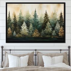 a painting on the wall above a bed in a room with white walls and pillows