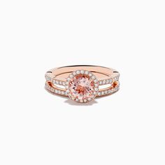 Effy Blush 14K Rose Gold Morganite and Diamond Two Ring Set Timeless Morganite Rose Gold Jewelry, Luxury Rose Gold Morganite Rings, Timeless Rose Gold Morganite Jewelry, Rose Gold Gemstone Halo Ring In Fine Jewelry Style, Rose Gold Gemstone Halo Ring Fine Jewelry, Rose Gold Round Cut Gemstone Halo Ring, Rose Gold Gemstone Halo Ring, Rose Gold Halo Ring With Gemstone, Rose Gold Morganite Ring With Halo Design