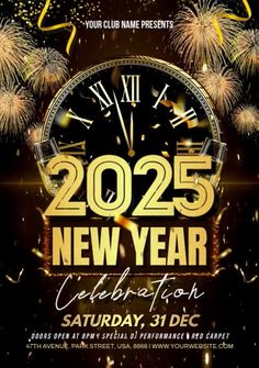 new year's eve party flyer with fireworks and clock on black background, free pst file