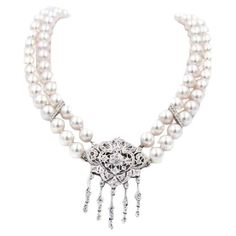 18 Karat White Gold Genuine Akoya Pearls & Diamonds 1.50 CTW Diamonds Akoya Pearl Necklace, Edwardian Style, Multi Layer Necklace, Pearl Jewelry Necklace, Vs Diamond, Akoya Pearls, Art Deco Diamond, Pearl Diamond, Lovely Jewellery