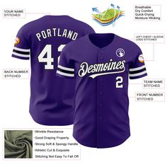 the front and back of a purple baseball jersey with information about its features, name and number