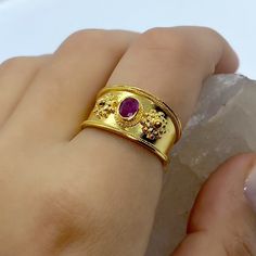 Byzantine Silver Ring - 22k Gold Plated Byzantine Silver - Vintage Greek Jewelry - Etruscan Ring - Sterling Silver Statement Ring Gemstone *100% naturel gemstone *925 sterling silver *22k GOLD PLATED *gemstone: ruby *stone shape: oval *stones ruby oval: 1 pcs. *ruby *byzantine Luxury Gold Byzantine Style Ruby Ring, Luxury Byzantine Style Ruby Ring Gift, Luxury Byzantine Style Sterling Silver Jewelry, Gold Ruby Rings With Intricate Design, Fine Jewelry Gold Ruby Ring With Intricate Design, Gold Ruby Ring With Intricate Design, Luxury Gold Ruby Ring With Intricate Design, Luxury Gold Ruby Ring Birthstone, 22k Gold Ring With Stone Setting