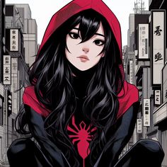 a woman with long black hair wearing a red hoodie and spider - man costume