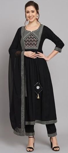 Black and Grey color Salwar Kameez in Rayon fabric with Embroidered, Resham, Thread work Transitional Black Dupatta With Mirror Work, Black Dress With Mirror Work For Navratri, Transitional Designer Black Sharara, Semi-stitched Black Churidar With Self Design, Designer Black Sharara For Transitional Season, Black Anarkali Set With Zari Work, Black Anarkali Set With Straight Kurta, Designer Black Dupatta With Pallu, Black Anarkali Set With Mirror Work