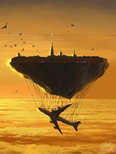 an air balloon floating in the sky with birds flying around it and buildings on top