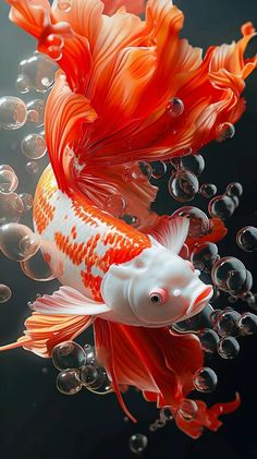 an orange and white fish with bubbles in it's mouth is swimming through the water