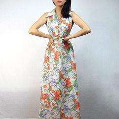 Long White Dress 70s Floral Maxi Sundress Collared Flower Print Summer Dress - Small S Flower Print Dress Summer, Fancy Skirts, Print Summer Dress, Dress 70s, 70s Floral, Maxi Sundress, Long White Dress, 70s Dress, Printed Maxi