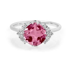 Witty Pink Tourmaline Ring | ChicVida Fine Jewelry Pink Sapphire Ring With Halo Setting For Formal Occasions, Pink Ruby Ring With Accent Stones For Formal Occasions, Classic Pink Ruby Ring With Halo Setting, Formal Pink Ruby Ring With Accent Stones, Pink Sapphire Ring With Halo Design For Formal Occasion, Formal Pink Sapphire Ring With Halo Design, Pink 14k White Gold Jewelry With Center Stone, Fine Jewelry Pink Halo Ring With Accent Stones, Pink Round Halo Ring With Accent Stones