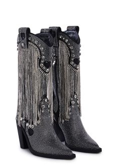 cuz bless your heart. These cowboy boots have a vegan leather construction, rhinestone fringe detailing, jewel studs, and side zipper closures. Sparkly Cowboy Boots, Glam Cowboy, Rhinestone Cowboy Boots, Fringe Cowboy Boots, Platforms Shoes, Western Glam, Bless Your Heart, Black Cowgirl, Rhinestone Fringe