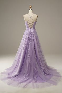 Elegant Lace Back Dress For Prom, Floor-length Gown With Lace Back And Fitted Bodice, Elegant Maxi Dress With Lace Back And Spaghetti Straps, Purple Prom Evening Dress, Purple Evening Dress For Prom, A-line Prom Gown With Lace Bodice, Purple Floor-length Ball Gown With Sweep Train, A-line Gown With Lace Bodice For Prom, Prom Dress With Sweetheart Neckline And Lace Back