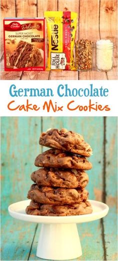 german chocolate cake mix cookies stacked on top of each other