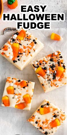 easy halloween fudge recipe made with white chocolate, candy and candies on parchment paper