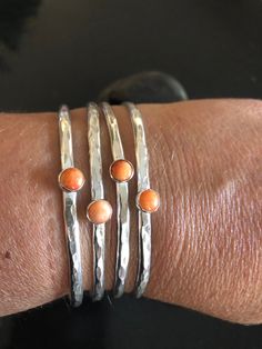 Handmade Cuff Bracelets, Silver Ring With Stone, Silversmithing Jewelry, Hammered Cuff Bracelet, Diy Silver Jewelry, Lotus Jewelry, Metalsmithing Jewelry, Orange Stone, Dope Jewelry