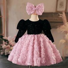 Christmas Princess Dress In Pink, Pink Princess Dress For Christmas Party, Pink Princess Holiday Dress For Party Season, Pink Princess Christmas Dress, Pink Christmas Dress For Dress-up, Pink Holiday Dress For Dress-up, Pink Holiday Dress For Dress-up Occasions, Winter Princess Dress For Party, Festive Long Sleeve Ruffle Dress