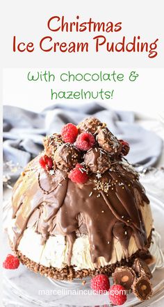 a chocolate and raspberry ice cream pudding on a white plate with the words, christmas