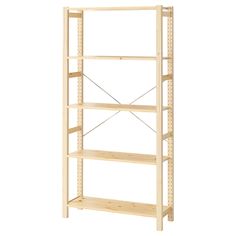 a wooden shelving unit with four shelves on one side and two levels to the other