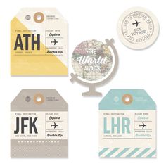 luggage tags with different designs on them and some tags attached to the tag, one for each