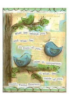 two blue birds sitting on top of a tree branch with words written in it and green leaves