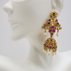 "This beautiful earrings set has an excellent finish and gives out an exquisite sense of style. If you are looking for an amazing Fashion Jewelry set for special occasions such as Anniversary, Engagement, Party, Wedding, or for gifting, then your search ends here. Handmade Indian Temple Jewelry, best to wear it for traditional ceremonies or Indian wedding. This bridal jewelry has an ethnic finish. It has Cubic Zircon stones with semi-precious ruby and emeralds. It is a Bollywood style one gram j 22k Gold Dangle Jhumkas For Wedding, 22k Gold Jhumkas For Wedding, 22k Gold Chandelier Earrings With Intricate Design For Wedding, Yellow Gold Temple Jewelry Danglers For Wedding, Temple Jewelry Style Bridal Dangle Earrings, Temple Jewelry Bridal Dangle Earrings, Bollywood Style 22k Gold Wedding Earrings, Wedding Chandelier Earrings In 22k Gold With Intricate Design, Temple Jewelry Chandelier Earrings For Wedding