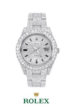 $33,300.00 Off Saving 61% This fully Iced Out Diamond Rolex Watch for Men Datejust with Diamond Bezel & Face is simply breathtaking as the classic Rolext Datejust is paved in 20 carats of dazzling genuine diamonds masterfully set on its bezel, case, band, clasp and even on the face/dial. This luxurious Rolex Mens Diamond Watch showcases a sparkling diamond dial and a date display at the 3 o'clock position. #Rolex #men´swatch #luxurywatches #watchesformen #daydate #watches #watchesformen #diamond Elegant Watches Women, Rolex Watch Price, Diamond Bezel Bracelet, Rolex Diamond Watch, Cartier Watches Women, Watches Women Simple, Pretty Watches, Womens Designer Watches, Rolex Diamond