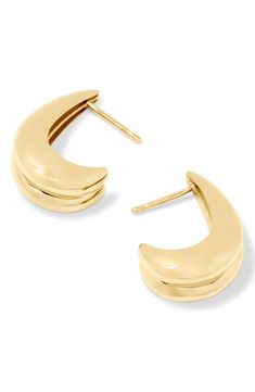 Shaped from 14-karat-gold vermeil in a bit of a bubbly silhouette, these trend-right huggie hoop earrings will fall right into your rotation. 3/4" hoop diameter; 3/8" width Post back Sterling silver/14k-gold plate Imported Gold-tone Tarnish Resistant Huggie Earrings, Gold-tone Tarnish-resistant Huggie Earrings, Modern Crescent Yellow Gold Hoop Earrings, Gold-tone Huggie Earrings, Hairstyling Products, Rollerball Perfume, Makeup Bronzer, Makeup Gift, Earrings In Gold