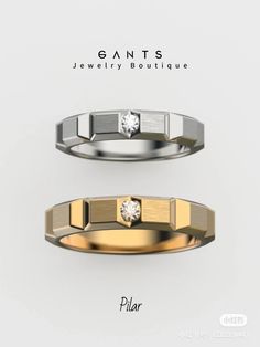 two different types of wedding rings with diamonds on each one and the other side, all in gold and silver