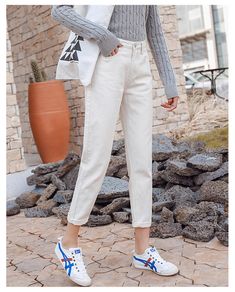 Material: CottonLength: Ankle-Length PantsAge: Ages 18-35 Years OldModel Number: women jeansItem Type: JEANSGender: WOMENStyle: CasualFabric Type: StripeWaist Type: highClosure Type: Button FlyDecoration: NoneJeans Style: Pencil PantsFit Type: RegularWash: LightSize: 25 26 27 28 29 30 31 32Color: White Beige Black Sky Bluejeans woman: high waist jeansboyfriend jeans for women: mom jeansstreet style: jeans womenblack jeans: white jeanswomens jeans: plus size jeansstreetwear: ladies pantssale item Casual Mid-rise Solid Color Jeans, Trendy High-waisted Jeans For Winter, White High Waist Fall Jeans, White High Waist Jeans For Fall, High Waist White Jeans For Fall, White Tapered Leg Jeans For Fall, Fall High Waist White Jeans, High Waist Solid Color Jeans For Fall, Solid Color High Waist Fall Jeans