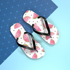 Get ready to spread summer cheer with these fun and fruity watermelon flip flops!  These adorable sandals feature a playful design with smiling watermelons winking mischievously at you.  Set against a crisp white background with scattered black seeds, these flip flops are sure to turn heads wherever you go! A matching large beach towel is available in our shop to complete your summer look! Perfect for Poolside Fun and Beyond with a durable rubber sole and comfortable tread for all-day wear, whet Large Beach Towels, Summer Flip Flops, Black Seed, Cute Sandals, Great Conversation Starters, Summer Adventures, Tongs, Playful Design, Flip Flop Sandals