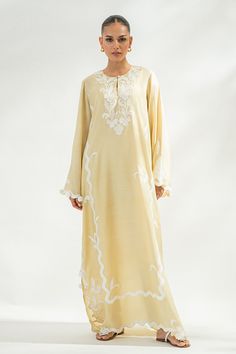 Jiya (B) Yellow Kaftan, Silk Trousers, Scalloped Edges, Floral Applique, Pale Yellow, Raw Silk, Custom Sizing, Pom Pom, Sleeve Length