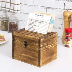 Rustic Burnt Wood 7.5 in x 6 in 3 Compartment Recipe Card Box Holder Organizer Case with Leatherette & Brass Accents-MyGift Recipe Box Diy, Gf Ideas, Recipe Card Boxes, Recipe Card Box, Recipe Box Wooden, Recipe Card Holders, Mason Jar Kitchen, Woodwork Ideas, Recipe Holder