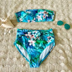 Never Worn - Target Strapless High Waisted Bikini Large Top, Medium Bottom, Multi Print, Adjustable Straps Included Target Swim, Womens Swim, Adjustable Straps, Blue Green, Target, Swimming, High Waisted, Green, Women Shopping