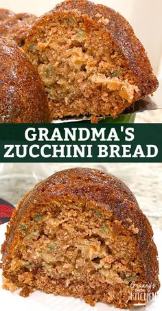 there is a loaf of zucchini bread cut in half and stacked on top of each other