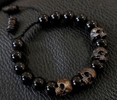 Half Skull, Ancient Maps, Human Skull, Beaded Skull, Onyx Bead, Third Eye, Bead Bracelet, Conversation Piece, Plexus Products