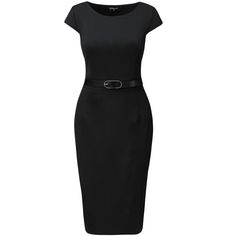 The sheath design comes with a round neck, cap sleeve, and a belted waist. Simple and fitted, this office dress is a must for your work wardrobe. This dress sits just at the knee and is perfect for formal events when paired with court heels. This dress is perfect for formal events when paired with court heels. Black Belted Dress For Office, Elegant Black Belted Dress For Work, Fitted Classic Belted Dress For Office, Fitted Black Belted Dress For Work, Classic Fitted Belted Dress For Office, Fitted Business Belted Dress, Formal Black Knee-length Belted Dress, Black Knee-length Belted Dress For Formal Occasions, Fitted Business Dress With Belt