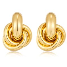 PRICES MAY VARY. 🌼 Gold Knot Earrings : These gold love knot studs earrings are made of high quality stuff. The whole brass part is brass and then it's plated with real 18K gold on the outside. The design is simple and classic, it's going to make you look extra good. 🌼 Suitable Size : These earrings are approximately0.86 inches in length, 0.66inches in width, and weigh about 0.12 ounces. 🌼 Stylish : These sleek and simple earrings will look great with many of your outfits on many occasions! - Hoco Jewelry, Gold Knot Earrings, Trendy Stud Earrings, Earring Fashion, Knot Stud Earrings, Knot Studs, Link Earrings, Party Earrings, Knot Earrings