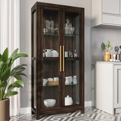 a large wooden cabinet with glass doors in a kitchen next to a potted plant