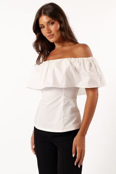 DETAILS   Make a statement in our off the shoulder top. Featuring a straight elasticised neckline, overlay bust feature and short sleeve, this fashionable piece is the ultimate way to show off your style. Whether youâ€™re going for a night out with friends or want to add something special to date night, this eye-catching top will do the trick.   off the shoulder style top  straight elasticised neckline  overlay bust feature  short sleeve  back invisible zip  unlined  material - 100% cotton     S Elegant Fitted Asymmetrical Off-shoulder Top, White Ruffled Off-shoulder Top For Day Out, White Stretch Chic Off-shoulder Top, Chic Asymmetrical Stretch Off-shoulder Top, Chic Asymmetrical Off-shoulder Stretch Top, Satin Dresses Long, Satin Dresses Long Sleeve, Runaway The Label, Winter Wedding Guests