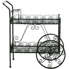 a black metal cart with wheels and a cup on the bottom shelf is shown in front of a white background