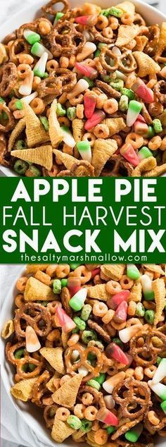 an apple pie fall harvest snack mix in a white bowl with the title above it