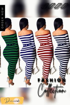 New Women's Fashion Off Shoulder Long Sleeve Midi Skirt Slim Stripe Party Dress Bodycon Dress Casual Midi Dress For Club, Long Sleeve Summer Maxi Dress For Club, Multicolor Maxi Length Bodycon Party Dress, Midi Length Bodycon Dress For Club And Party Season, Multicolor Maxi Bodycon Party Dress, Non-stretch Long Sleeve Club Dress, Green Bodycon Dress For Party Season, Multicolor Midi Bodycon Dress For Party, Multicolor Midi Bodycon Party Dress