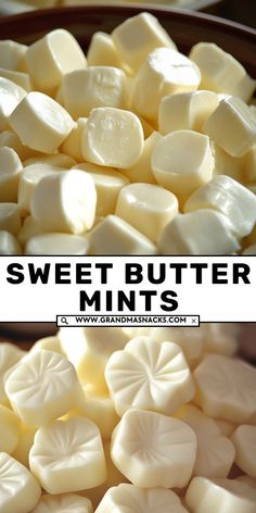 there is a bowl full of buttered marshmallows with the words sweet butter mints above it