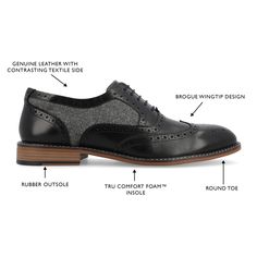 Introducing the Alister wingtip oxford by Thomas & Vine - the perfect dressy classic style. Made with genuine leather and a 12 mm Tru Comfort Foam™ insole, these shoes are designed for all-day comfort. With a lace-up closure, a 1-inch block heel, and a padded collar and tongue for extra comfort, these shoes are perfect for any formal occasion. The contrasting textile accents add a unique touch to these classic shoes, making them stand out in any crowd. Thomas Vines, Closed Toe Shoes, Wingtip Oxford, Shoe Black, Dress Shoe, Round Toe Heels, Classic Shoes, Lace Up Shoes, Formal Occasion