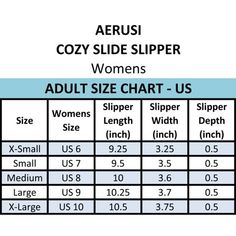 an adult size chart for the aerusi cozy slide slipper women's shoes