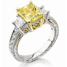 3.40 Ct. Canary Fancy Yellow Radiant Cut w Trapezoids Diamond Ring VS2 GIA Certified Canary Engagement Ring, Canary Diamond Engagement Ring, Canary Diamond Ring, Radiant Cut Diamond Engagement Rings, Radiant Cut Diamond Ring, Cushion Cut Diamond Engagement Ring, Canary Diamond, Yellow Diamond Ring, Favorite Engagement Rings